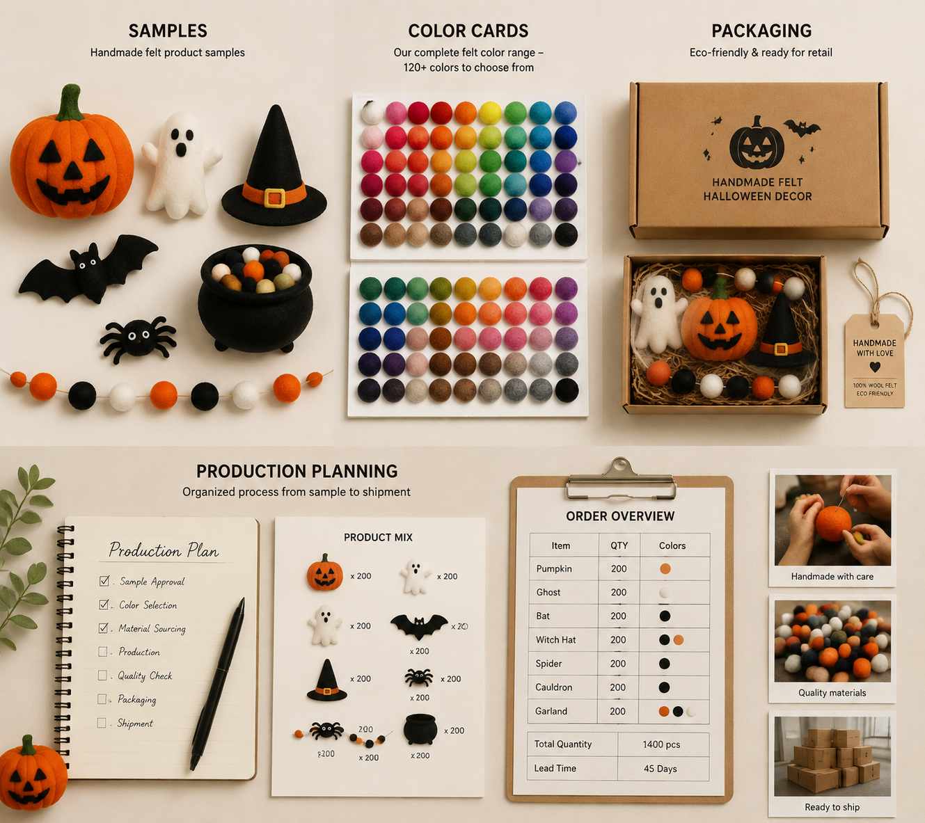 Halloween wholesale sample planning with felt products, color charts and seasonal order preparation.